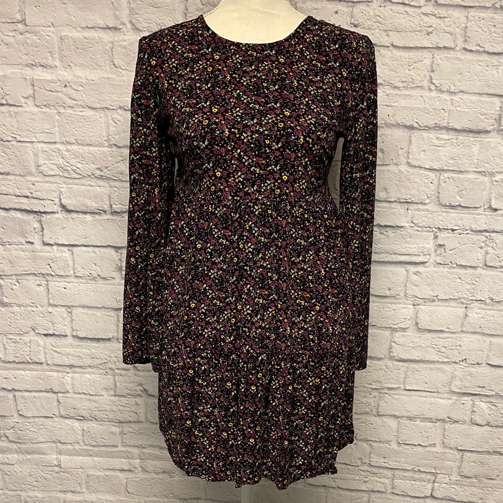 Arizona Jean Company Black Floral Long-Sleeve Shift Dress Size S